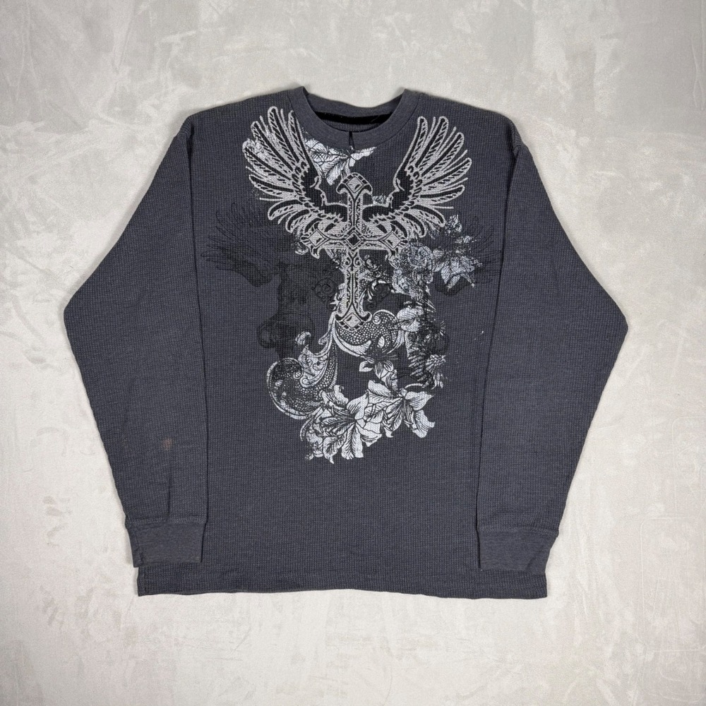Y2K Boys Seven Souls Winged Cross Graphic Thermal Shirt Grey Size L 14-16